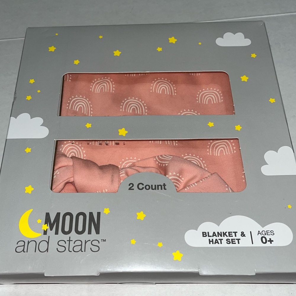 Moon‎ and Stars Baby Hat and Blanket New in Box